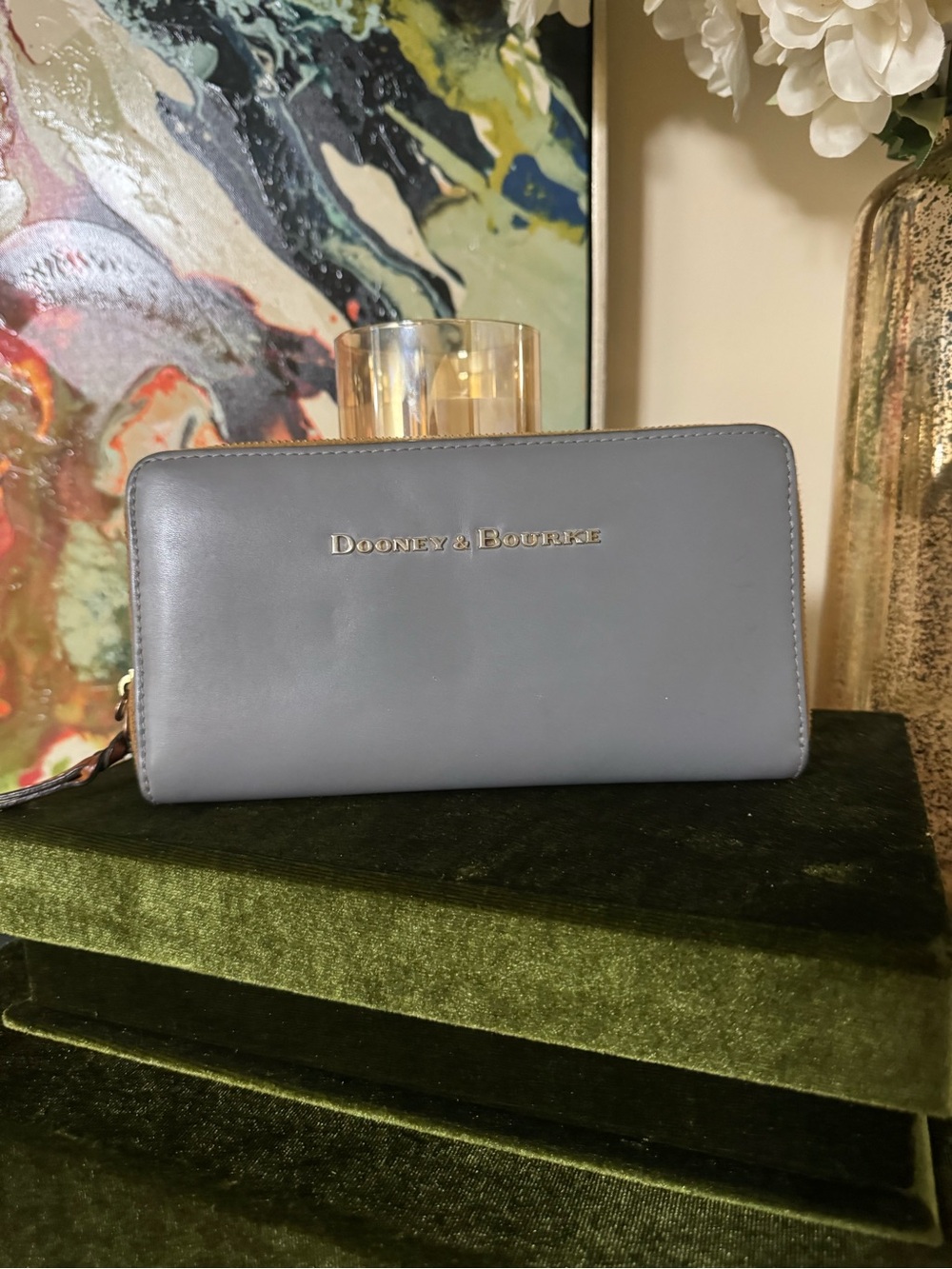 Dooney & Bourke Gray Zip-Around Leather Wallet with Gold Logo